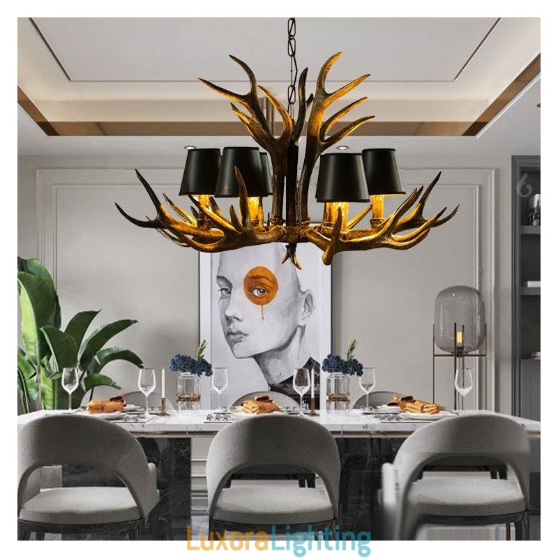 Designer Touch Decorative 6 Light Black Rustic Artistic Retro Antler Antique Chandelier with Shades