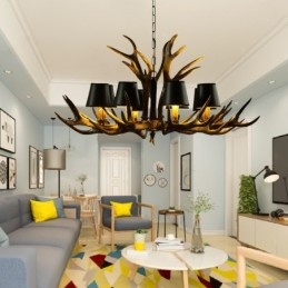 Designer Touch Decorative 8 Light Black Rustic Artistic Retro Antler Antique Chandelier with Shades