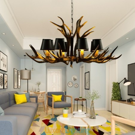 Designer Touch Decorative 8 Light Black Rustic Artistic Retro Antler Antique Chandelier with Shades