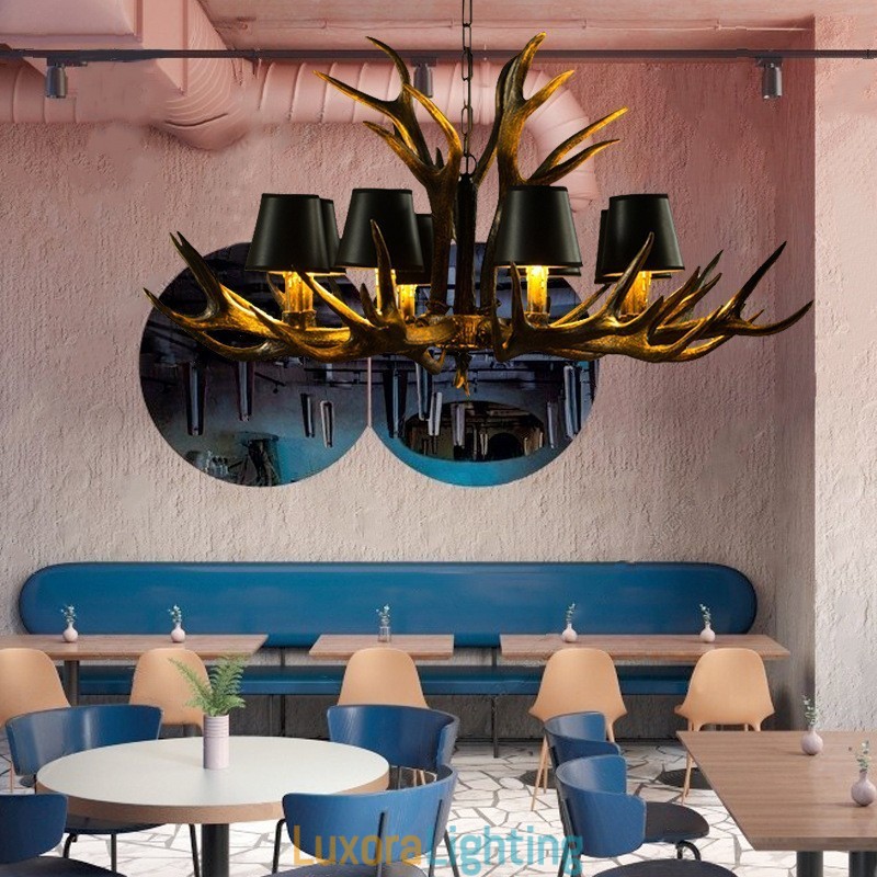 Designer Touch Decorative 8 Light Black Rustic Artistic Retro Antler Antique Chandelier with Shades