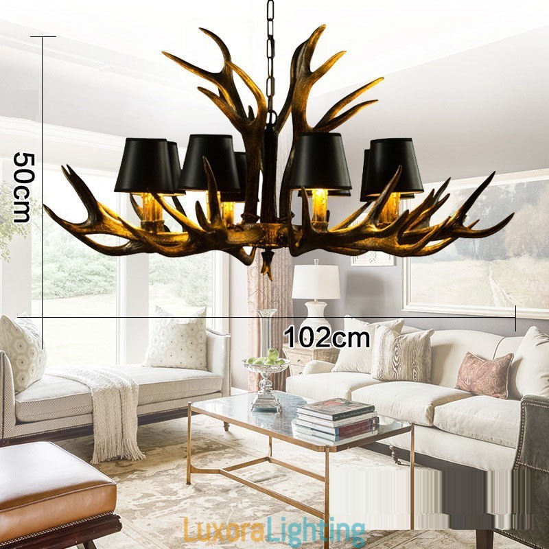 Designer Touch Decorative 8 Light Black Rustic Artistic Retro Antler Antique Chandelier with Shades