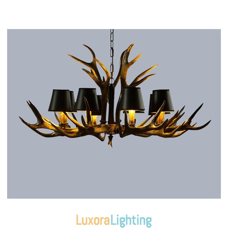 Designer Touch Decorative 8 Light Black Rustic Artistic Retro Antler Antique Chandelier with Shades