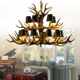 Designer Touch Decorative 15 Light Black Rustic Artistic Retro Antler Antique Chandelier with Shades