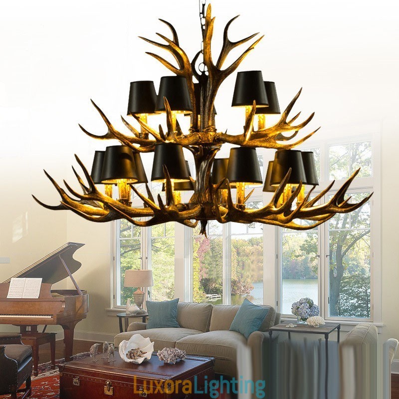 Designer Touch Decorative 15 Light Black Rustic Artistic Retro Antler Antique Chandelier with Shades