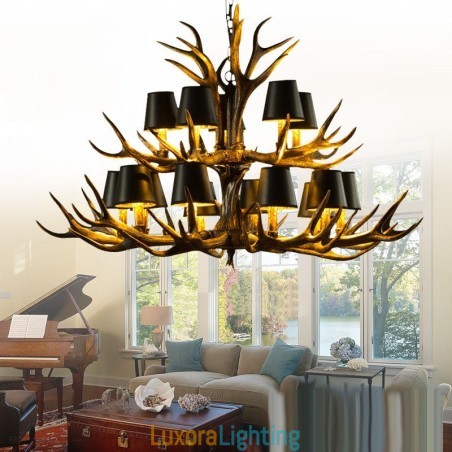 Designer Touch Decorative 15 Light Black Rustic Artistic Retro Antler Antique Chandelier with Shades