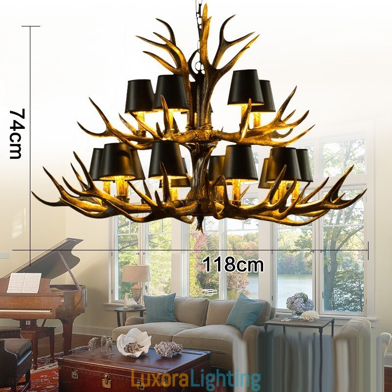 Designer Touch Decorative 15 Light Black Rustic Artistic Retro Antler Antique Chandelier with Shades