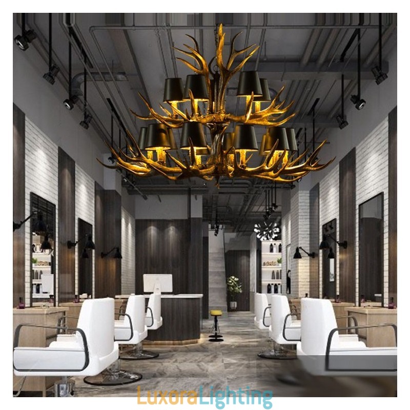 Designer Touch Decorative 15 Light Black Rustic Artistic Retro Antler Antique Chandelier with Shades
