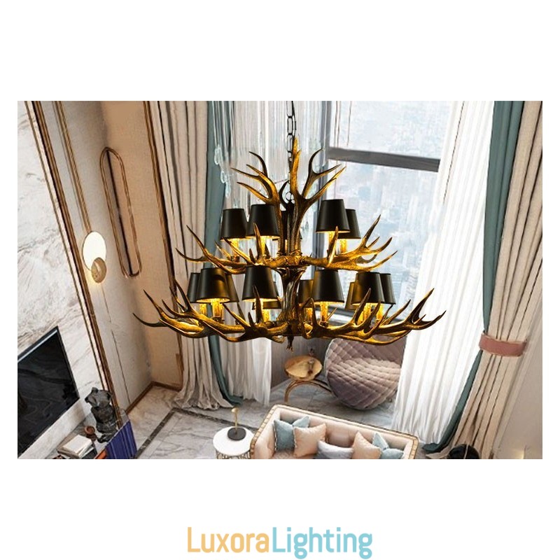 Designer Touch Decorative 15 Light Black Rustic Artistic Retro Antler Antique Chandelier with Shades