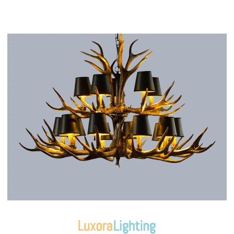 Designer Touch Decorative 15 Light Black Rustic Artistic Retro Antler Antique Chandelier with Shades