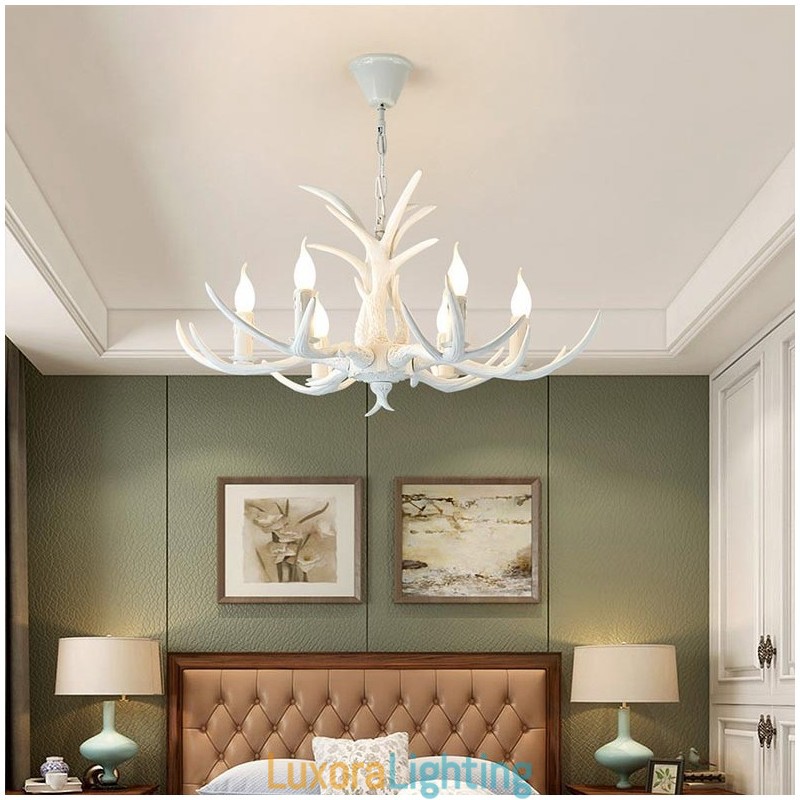 Designer Touch Decorative 6 Light White Rustic Artistic Retro Antler Antique Chandelier