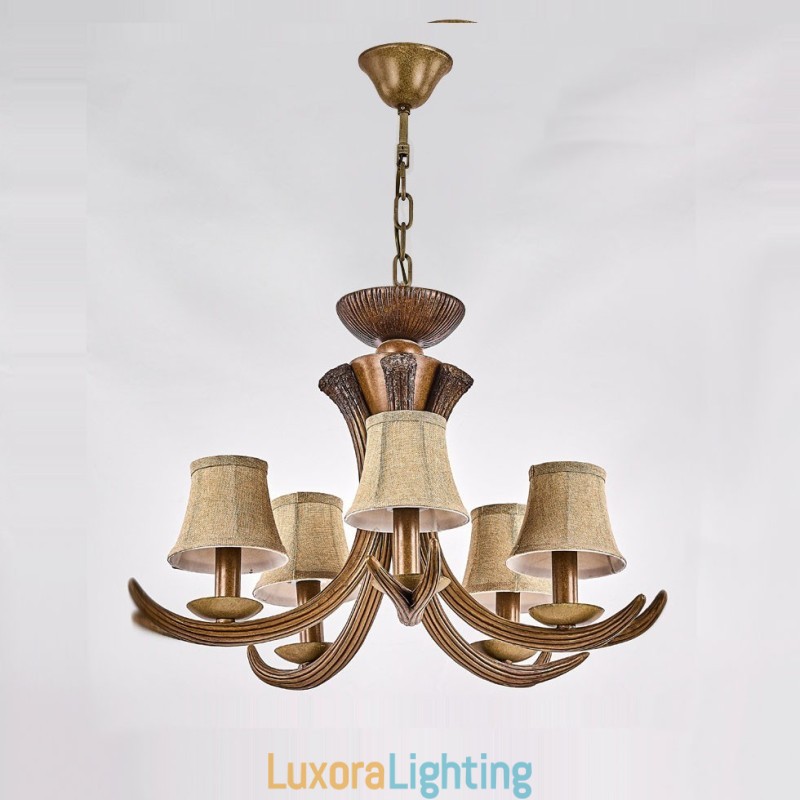 Designer Touch Decorative 5 Light Rustic Artistic Retro Antler Antique Chandelier with Shades