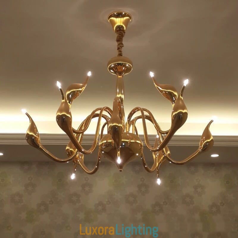 Designer Touch Decorative 12 Light Modern Swan Gold Metal Chandelier Pendant Light