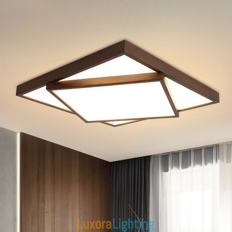 Designer Touch Decorative Two Tiers Square Black Walnut Wood Modern Contemporary Nordic Style Flush Mount Wood Ceiling Light Also Can Be Used As Wall Light