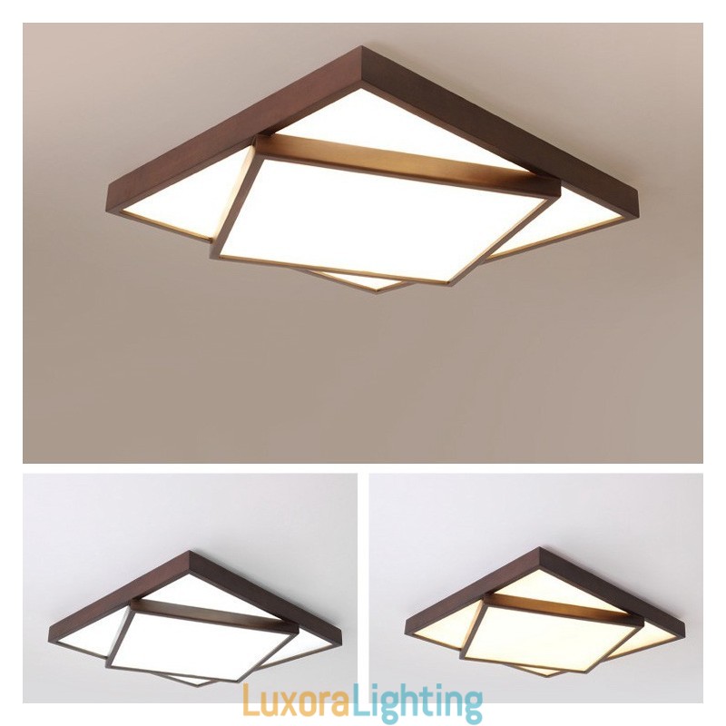 Designer Touch Decorative Two Tiers Square Black Walnut Wood Modern Contemporary Nordic Style Flush Mount Wood Ceiling Light Also Can Be Used As Wall Light