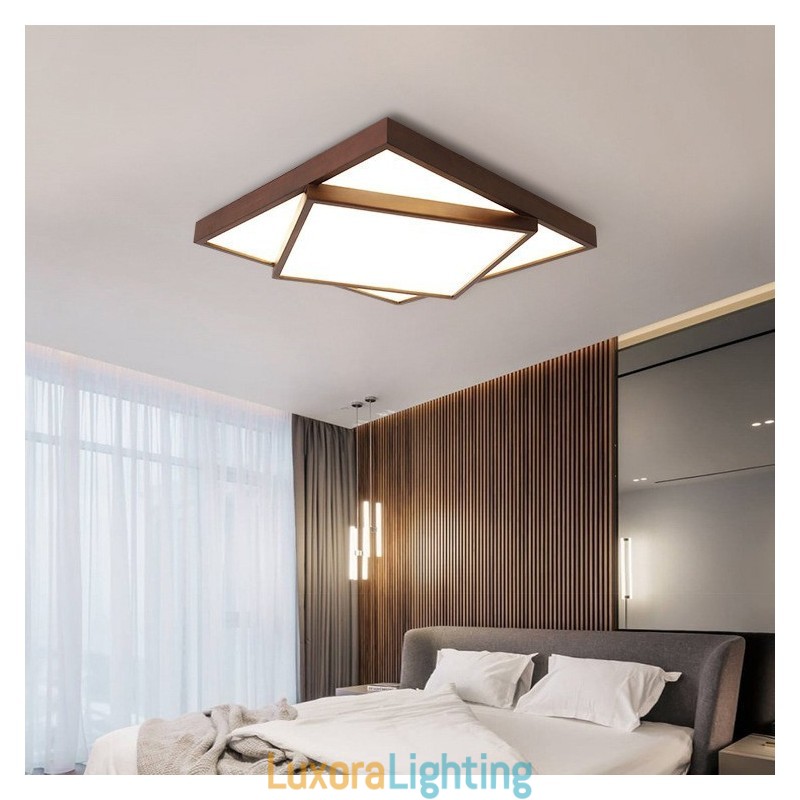 Designer Touch Decorative Two Tiers Square Black Walnut Wood Modern Contemporary Nordic Style Flush Mount Wood Ceiling Light Also Can Be Used As Wall Light