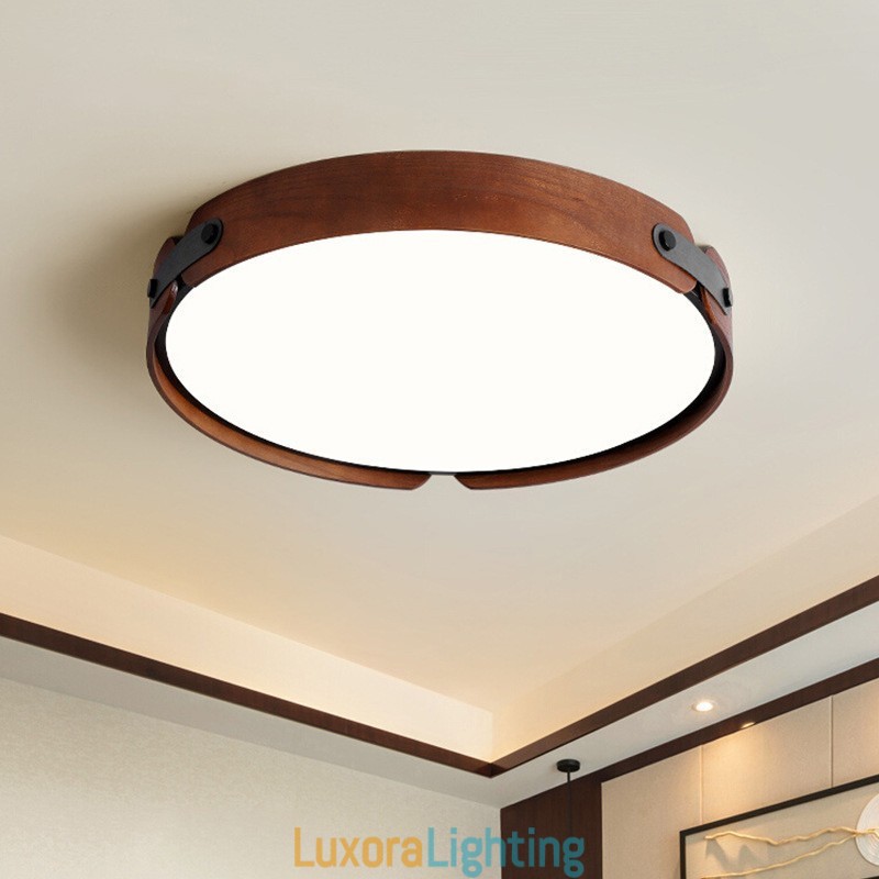 Designer Touch Decorative Nordic Round Simple Black Walnut Wood Flush Mounted Ceiling Light