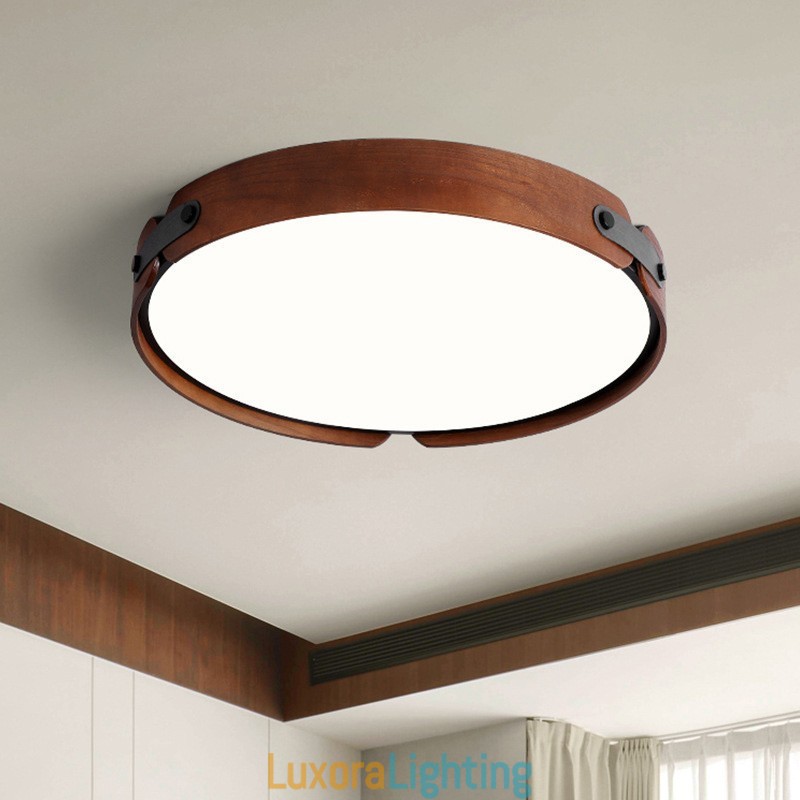 Designer Touch Decorative Nordic Round Simple Black Walnut Wood Flush Mounted Ceiling Light