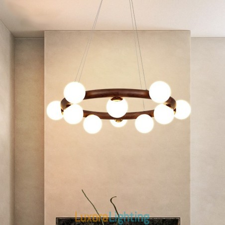 Designer Touch Decorative Nordic Ring Simple Black Walnut Wood Pendant Chandelier with Bean Shades