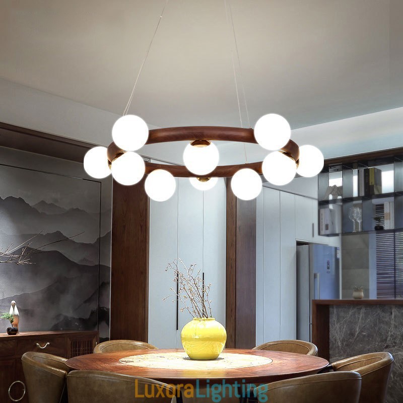 Designer Touch Decorative Nordic Ring Simple Black Walnut Wood Pendant Chandelier with Bean Shades