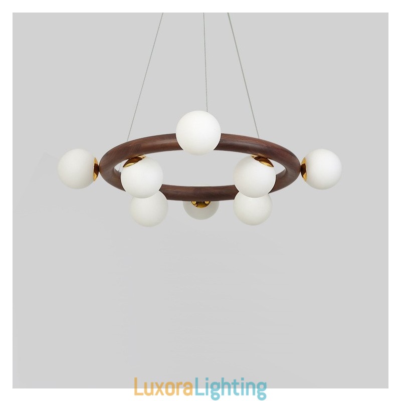Designer Touch Decorative Nordic Ring Simple Black Walnut Wood Pendant Chandelier with Bean Shades