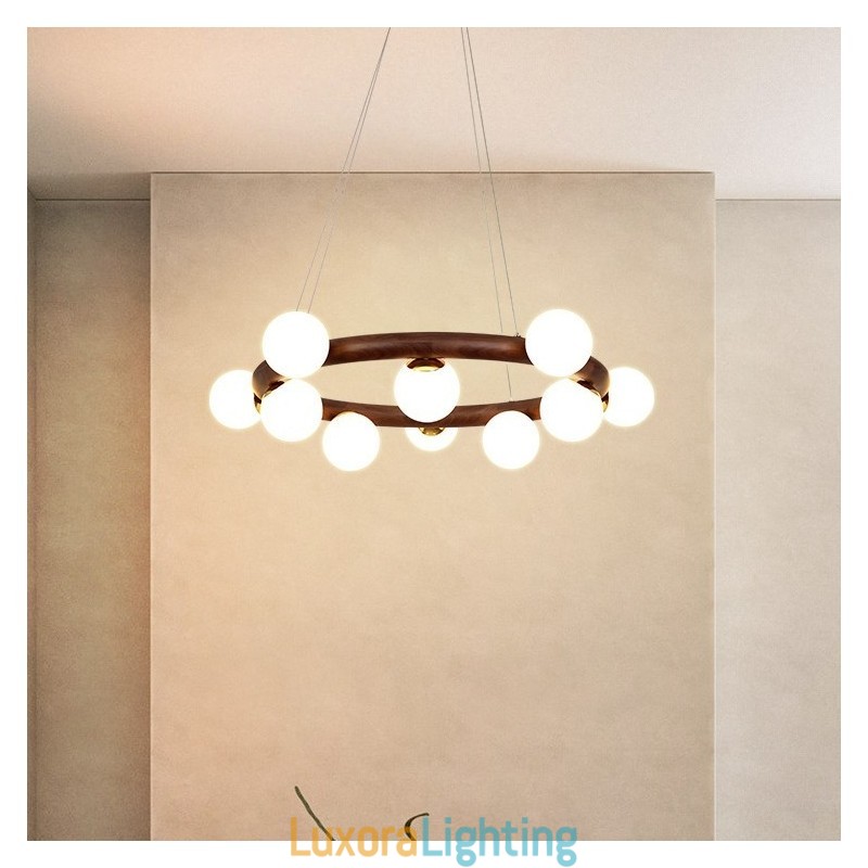 Designer Touch Decorative Nordic Ring Simple Black Walnut Wood Pendant Chandelier with Bean Shades