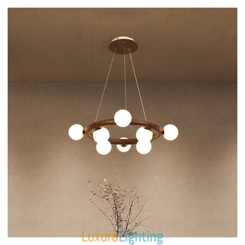 Designer Touch Decorative Nordic Ring Simple Black Walnut Wood Pendant Chandelier with Bean Shades