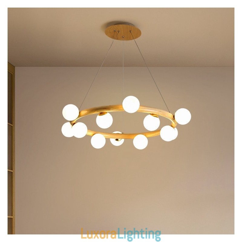 Designer Touch Decorative Nordic Ring Simple Modern Wood Pendant Chandelier with Bean Shades