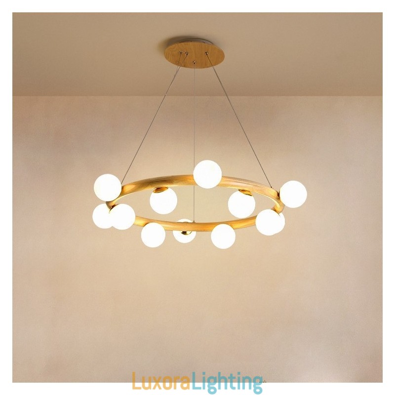 Designer Touch Decorative Nordic Ring Simple Modern Wood Pendant Chandelier with Bean Shades