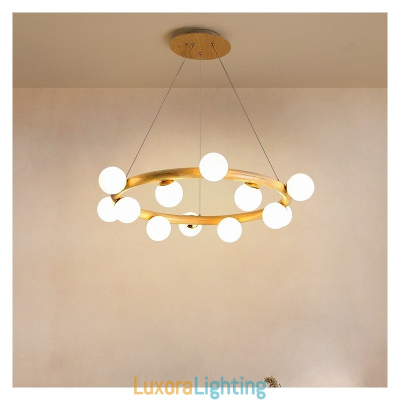 Designer Touch Decorative Nordic Ring Simple Modern Wood Pendant Chandelier with Bean Shades