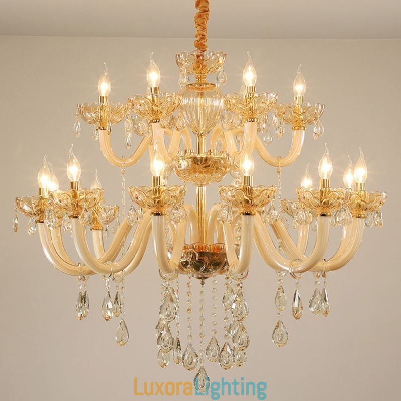 Designer Touch Decorative Elegant Crystal Chandelier European Cognac Color Ceiling Light Glass Body Double Layer 12+6 Lights