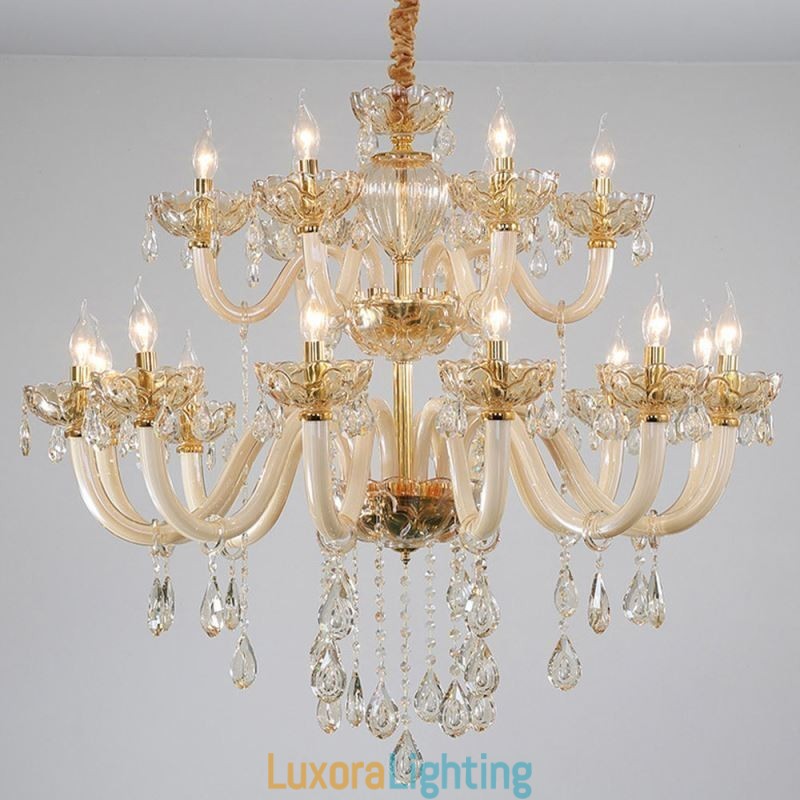 Designer Touch Decorative Elegant Crystal Chandelier European Cognac Color Ceiling Light Glass Body Double Layer 12+6 Lights