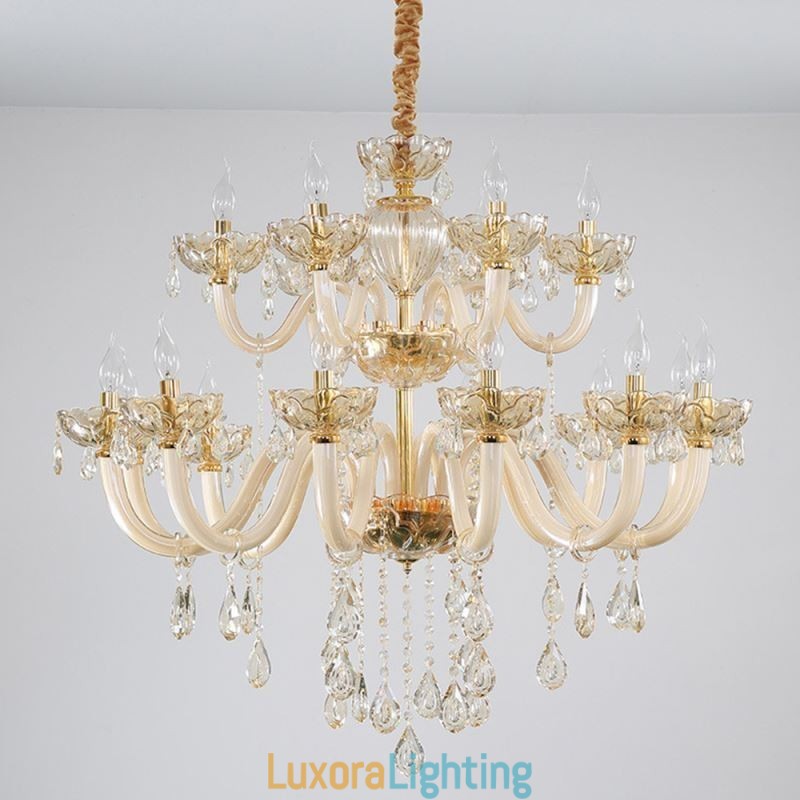 Designer Touch Decorative Elegant Crystal Chandelier European Cognac Color Ceiling Light Glass Body Double Layer 12+6 Lights
