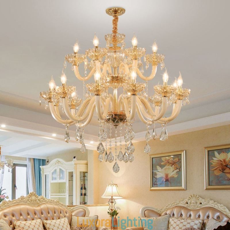 Designer Touch Decorative Elegant Crystal Chandelier European Cognac Color Ceiling Light Glass Body Double Layer 12+6 Lights