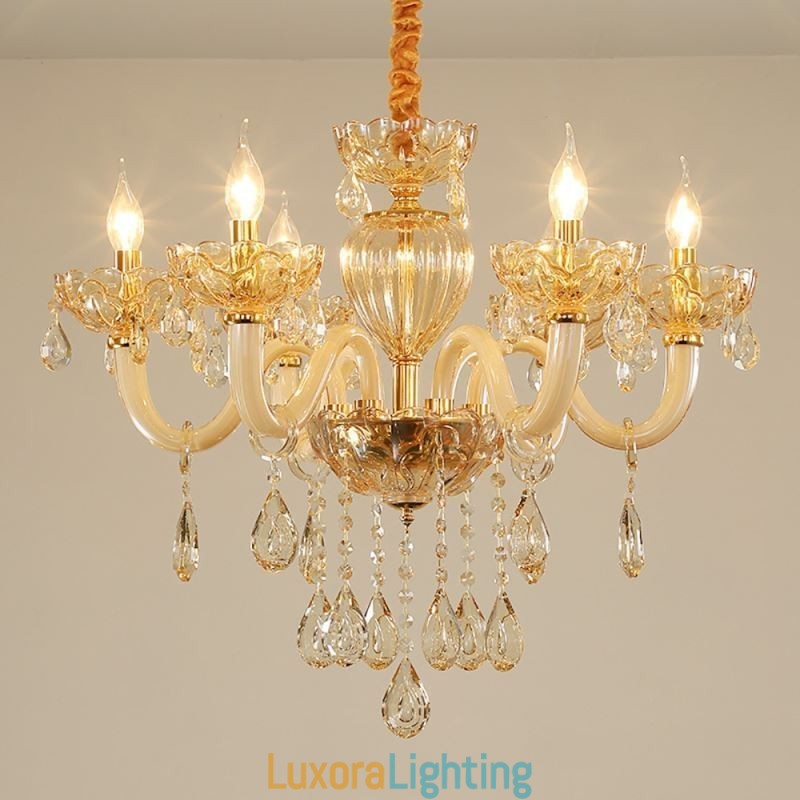 Designer Touch Decorative Gorgeous Crystal Chandelier European Cognac Color Ceiling Light Glass Body 8 Lights
