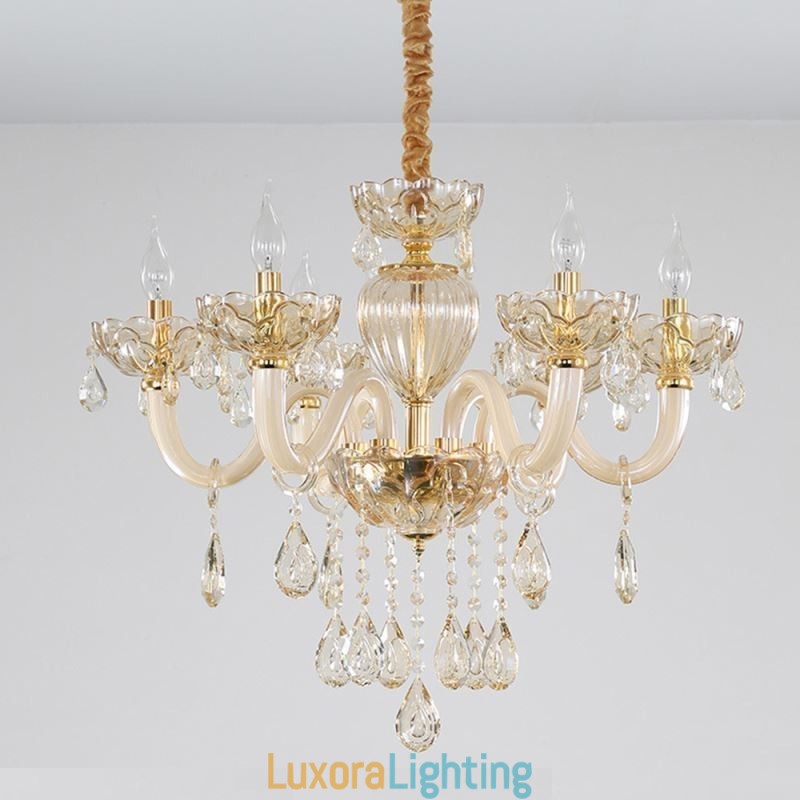 Designer Touch Decorative Gorgeous Crystal Chandelier European Cognac Color Ceiling Light Glass Body 8 Lights