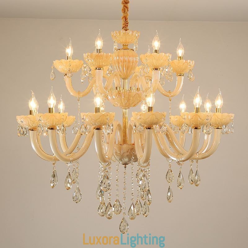 Designer Touch Decorative Luxurious Crystal Chandelier European Cognac Color Ceiling Lamp Glass Body Double Layer 12+6 Lights