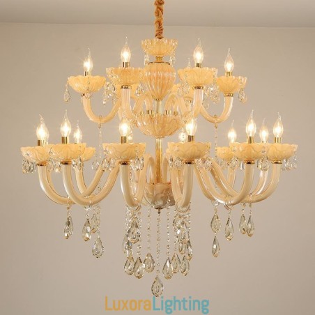 Designer Touch Decorative Luxurious Crystal Chandelier European Cognac Color Ceiling Lamp Glass Body Double Layer 12+6 Lights