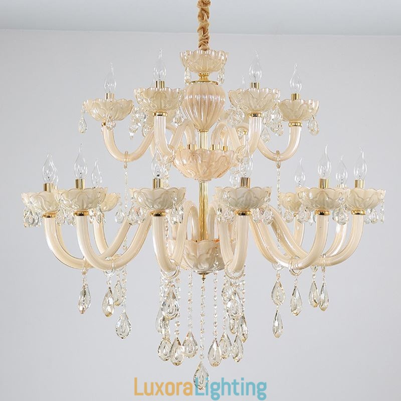 Designer Touch Decorative Luxurious Crystal Chandelier European Cognac Color Ceiling Lamp Glass Body Double Layer 12+6 Lights
