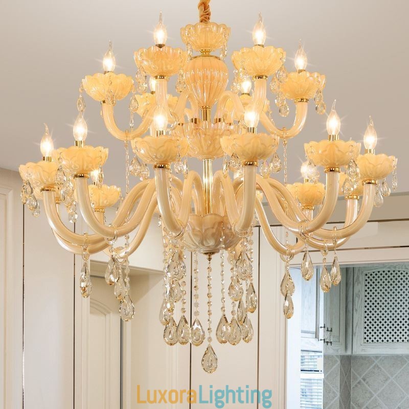 Designer Touch Decorative Luxurious Crystal Chandelier European Cognac Color Ceiling Lamp Glass Body Double Layer 12+6 Lights