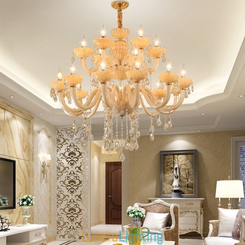 Designer Touch Decorative Luxurious Crystal Chandelier European Cognac Color Ceiling Lamp Glass Body Double Layer 12+6 Lights