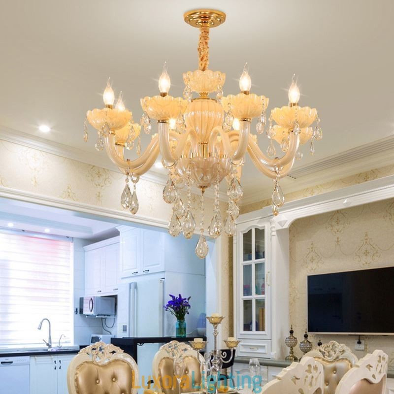 Designer Touch Decorative Eye Catching Crystal Chandelier European Cognac Color Ceiling Lamp Glass Body 8 Lights