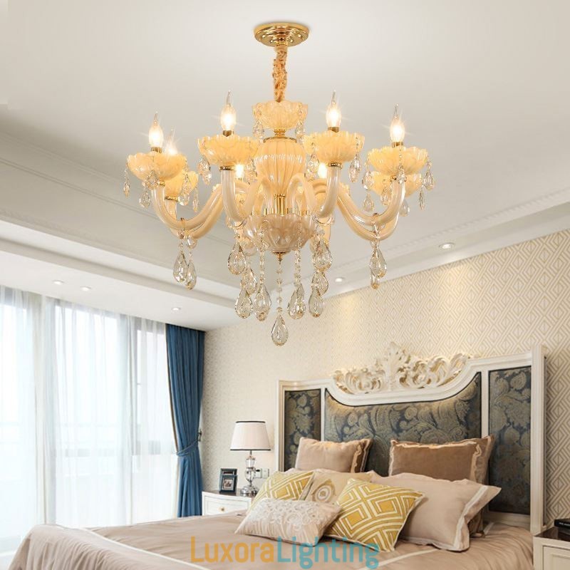 Designer Touch Decorative Eye Catching Crystal Chandelier European Cognac Color Ceiling Lamp Glass Body 8 Lights