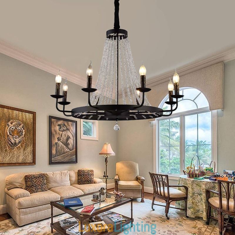 Designer Touch Decorative Vintage Crystal Pendant Lighting Black Iron Candle Chandelier