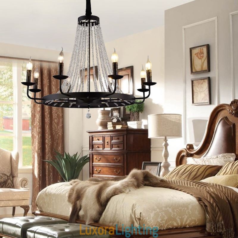 Designer Touch Decorative Vintage Crystal Pendant Lighting Black Iron Candle Chandelier
