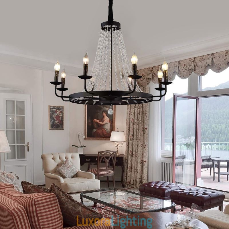 Designer Touch Decorative Vintage Crystal Pendant Lighting Black Iron Candle Chandelier