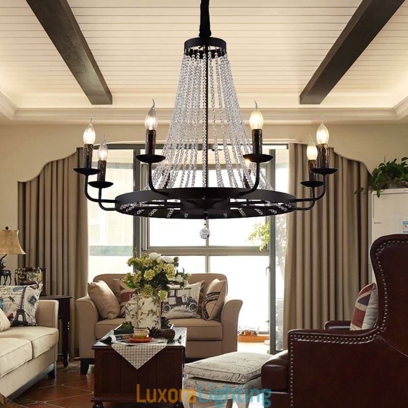 Designer Touch Decorative Vintage Crystal Pendant Lighting Black Iron Candle Chandelier