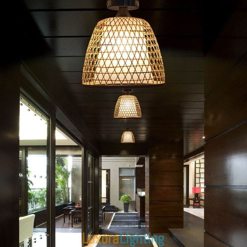Designer Touch Decorative Bamboo Semi Flush Mount Creative Round Ceiling Light Vestibule Lighting