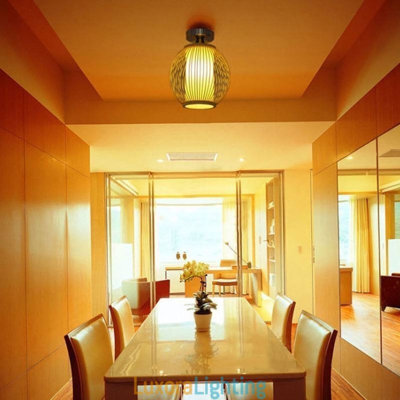 Designer Touch Decorative Unique Semi Flush Mount Creative Round Bamboo Ceiling Light Porch Lighting
