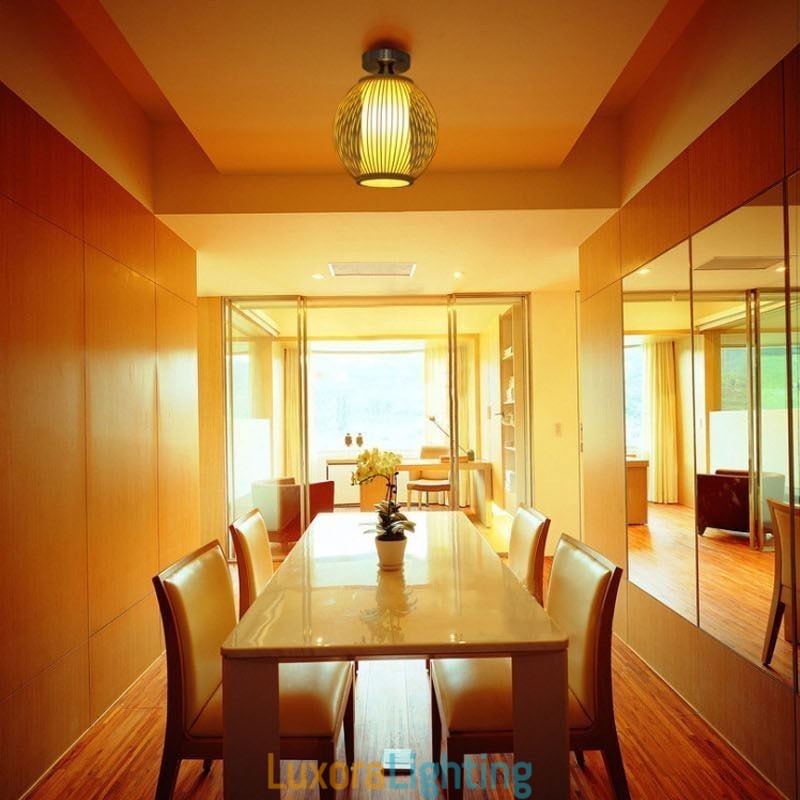 Designer Touch Decorative Unique Semi Flush Mount Creative Round Bamboo Ceiling Light Porch Lighting