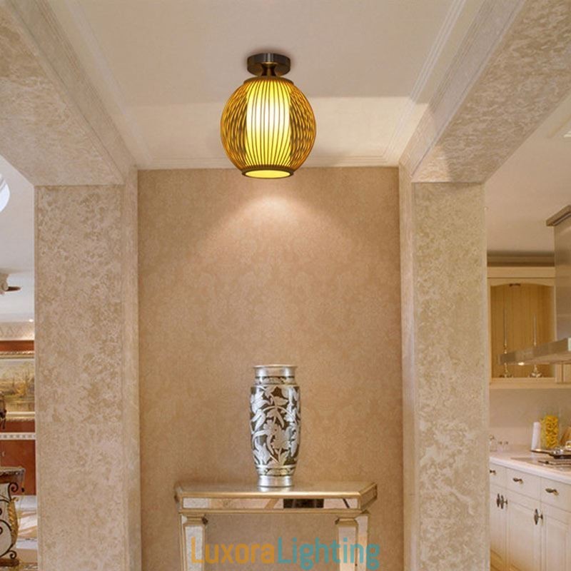 Designer Touch Decorative Unique Semi Flush Mount Creative Round Bamboo Ceiling Light Porch Lighting